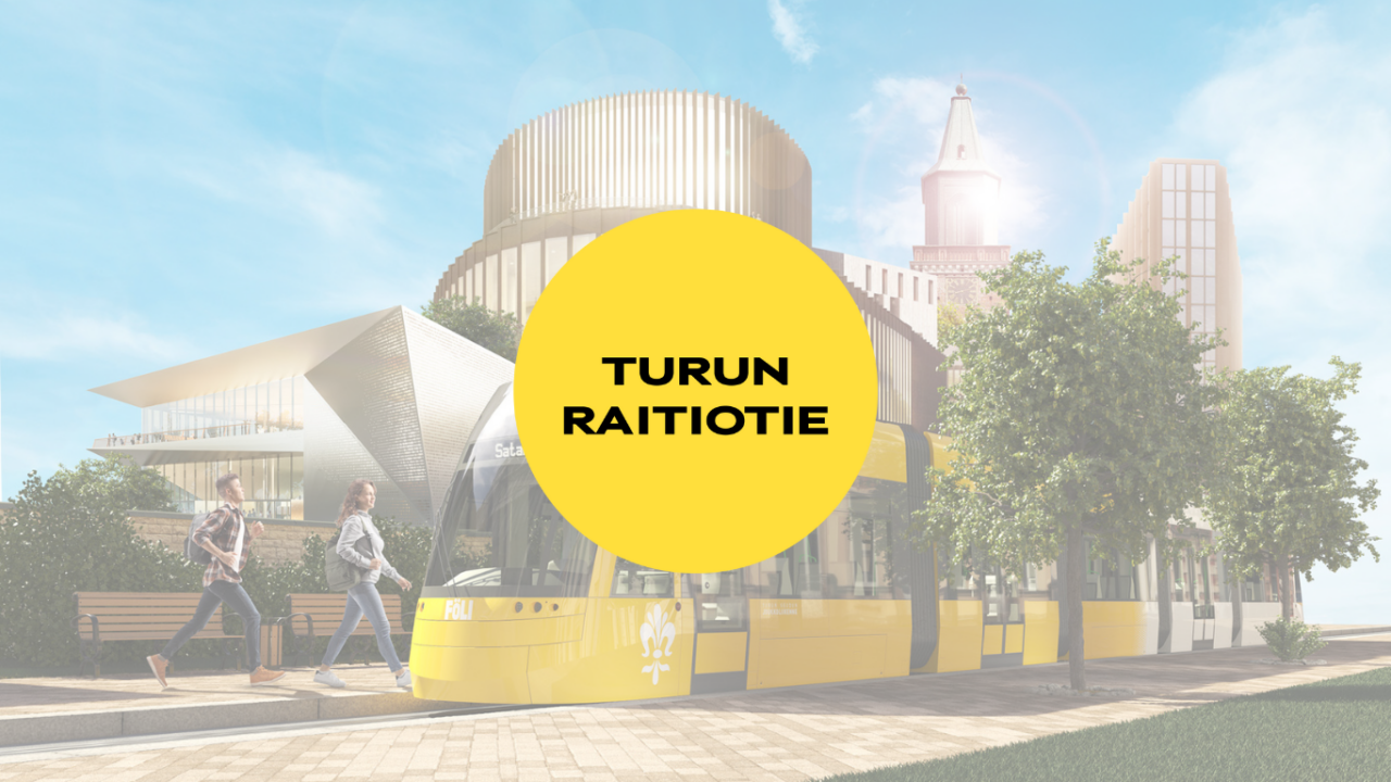 Turun raitiotien logo, taustalla havainnekuva raitiotestä Turussa