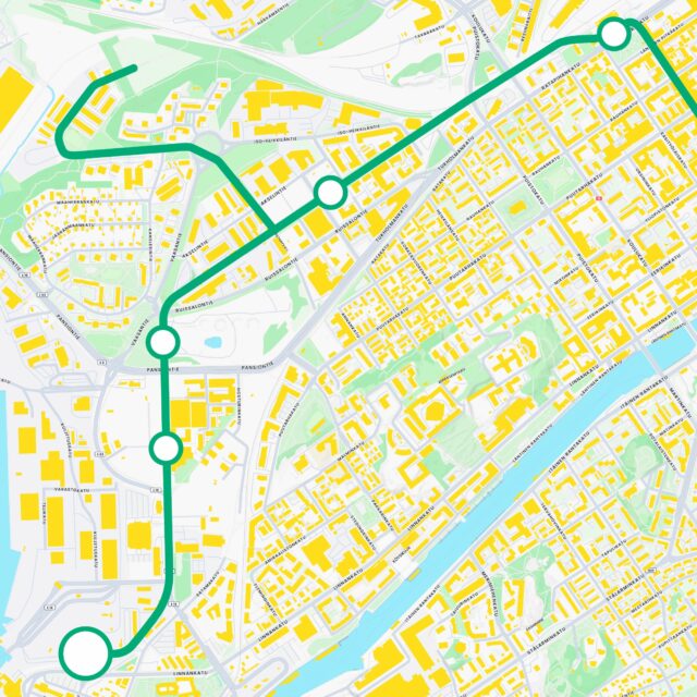 Karttakuva raitiotien osuudesta Satama-Vanha päärautatieasema