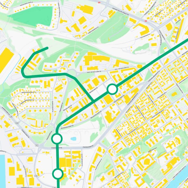 Karttakuva raitiotien osuudesta Varikko ja yhdysraide