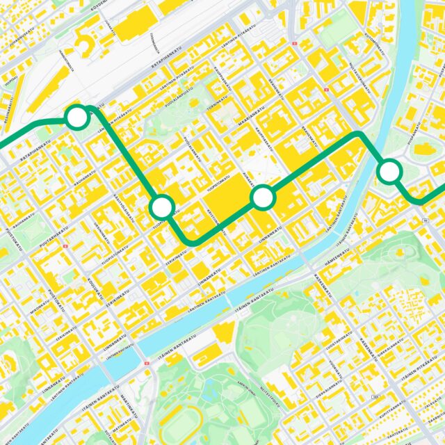 Karttakuva raitiotien osuudesta Vanha päärautatieasema-Kauppatori