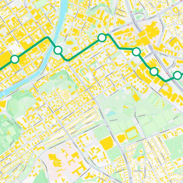 Karttakuva raitiotien osuudesta Kauppatori-Kupittaa