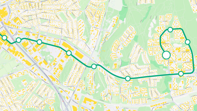 Karttakuva raitiotien osuudesta Kupittaa-Varissuo