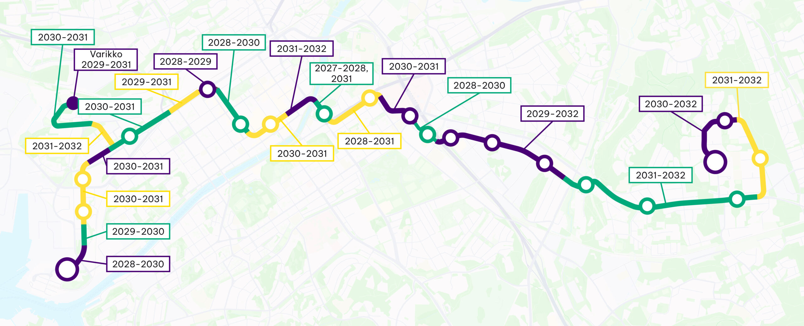 Graafinen kartta, jossa kuvataan Turun raitiotien rakentamista eri kaduilla vuosina 2027-2032.